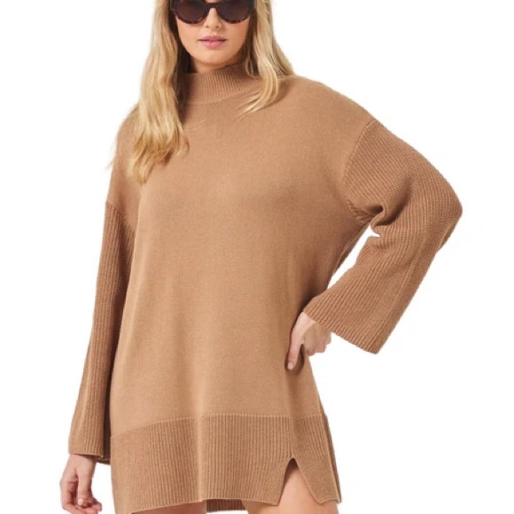 L SPACE Oversized Knit Sweater DRESS 100% Cotton Tan